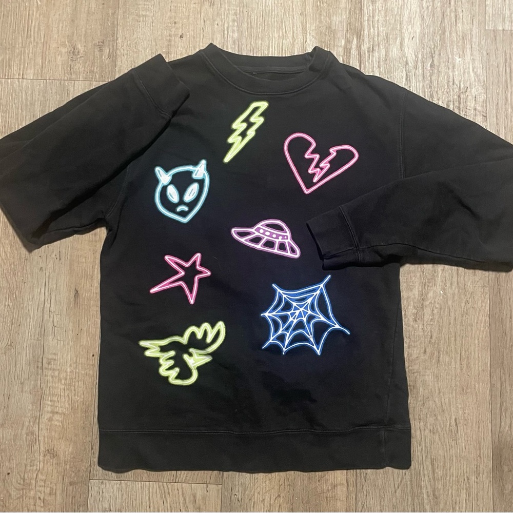 Official Stray Kids Maniac World Tour Neon Doodle Crewneck Sweatshirt Black Size